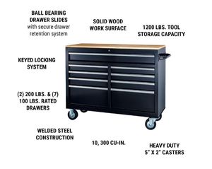 Schwerlast-Werkbank mit 9 Schubladen, 46 Zoll, für Kfz-Werkzeuge, Rollwagen, Schwarz - Product Image 3