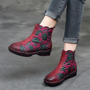 Botas Planas de Piel Vacuna con Cordones y Flores Estampadas, Estilo Étnico Retro, Suela Suave, para Mujer, Tallas Grandes, Otoño-Invierno - Product Image 1