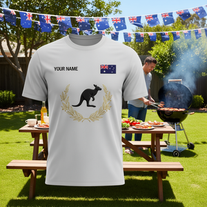 T-shirt personalizzata per il Giorno dell'Australia con nome, bandiera australiana, canguro, barbecue, regalo per il 26 gennaio - Product Image 3