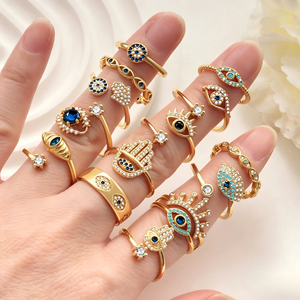 Anillo de Moda FY con Mano de Hamsa y Ojo Turco, Joyería de Protección, Anillo Ajustable Apilable con Zirconia Azul, Amuleto Nazar - Product Image 1