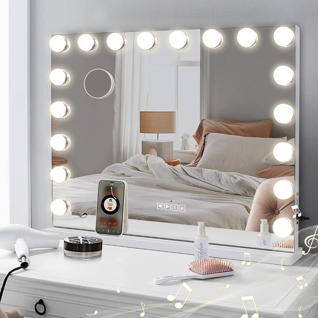 Smart Single-Sided Cosmetic Mirror 3 Tone Lights Dimmer Bluetooth Speaker Large Dresser Tabletop Vanity-Touch Sensor 18 Bulbs