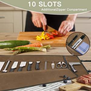 Free sample Handmade Waxed Canvas Chef <b>Knife</b> Roll - 15 <b>Knife</b> Slots Card <b>Holder</b> and Zippered Pocket Genuine Leather - Product Image 2