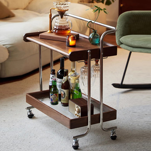 รถเข็นไม้แข็งสำหรับห้องนั่งเล่นสไตล์วินเทจรถเข็นชาเคลื่อนที่พร้อมชั้นวางสำหรับโซฟา - Product Image 1