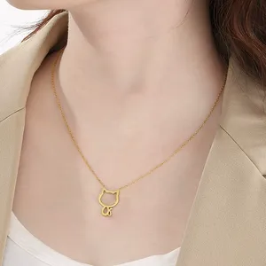 Cadena de clavícula de animal pequeño lindo y dulce, collar de acero inoxidable de gato hueco fresco para regalo de cumpleaños de novia - Product Image 4