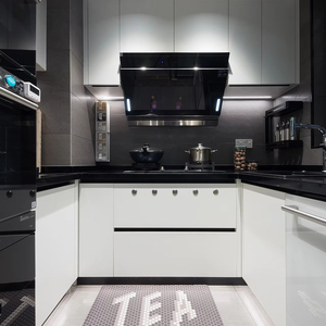 Armoires de <span class=keywords><strong>cuisine</strong></span> modernes en laque blanche avec plan de travail <span class=keywords><strong>noir</strong></span>, ensemble d'armoires de <span class=keywords><strong>cuisine</strong></span> modulaires en forme de L sur mesure pour la rénovation de la maison - Product Image 1