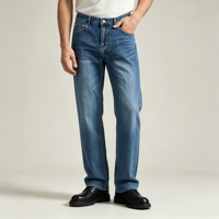Jeans coupe droite pour homme, denim bleu délavé, cinq poches, fabrication OEM ODM, sourcing de tissus, style personnalisé, pantalon