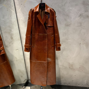 Cappotto Lungo <span class=keywords><strong>Marrone</strong></span> Stile <span class=keywords><strong>Trench</strong></span> in Vera <span class=keywords><strong>Pelle</strong></span> da <span class=keywords><strong>Donna</strong></span> per l'Autunno - Product Image 1