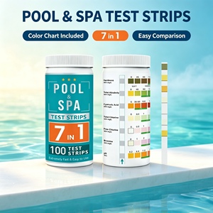 Kit de test de la qualité de l'eau 7 en 1 pour piscine et spa, personnalisé OEM, chlore, dureté, alcalinité, brome, <span class=keywords><strong>pH</strong></span>, bandelettes de test d'eau, 100 bandelettes - Product Image 1