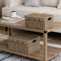 Ensemble de paniers de rangement en jonc de mer tressé, 2 couvercles à bord festonné, faits à la main, rectangulaires, organisateurs décoratifs, capacité 10-20L pour salon