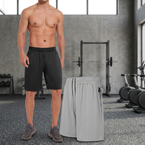 Shorts Bermuda pour homme, séchage rapide, tissu tissé, couleur unie, taille élastique avec poches, gris et noir, décontractés et sportifs - Product Image 3