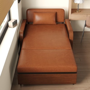 New Model Chinese-Style <strong>Folding</strong> Extendable Sofa <strong>Bed</strong> Oil Wax Leather Dual-Use <strong>Double</strong>-Seater Living Room Push-Pull Mechanism Wood - Product Image 4