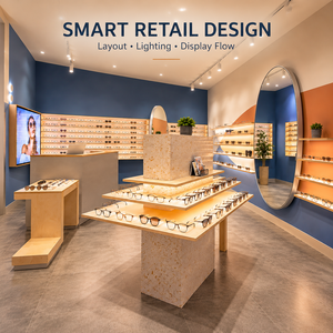 Decoración interior de tienda de gafas a medida, estantes de exhibición personalizados para ópticas y mostrador de recepción para centro de visión. - Product Image 2