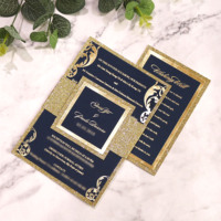 Invitations personnalisées en papier pailleté pour mariage de luxe 5*7 pouces noir RSVP cartes ventre feuille d'or texte imprimé musique ange croix
