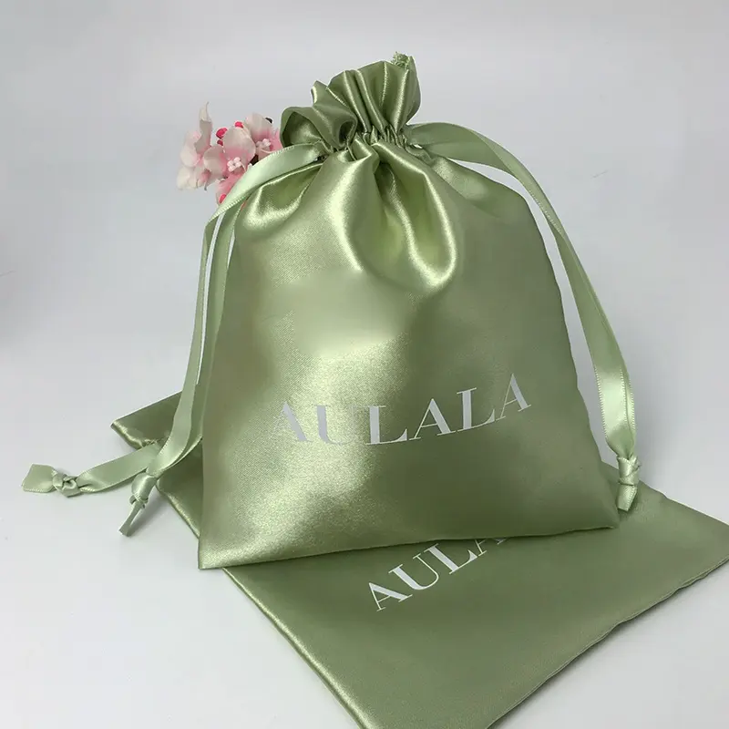 Custom Printed Light Green Hair Collection Drawstring Bag Satin Pouch