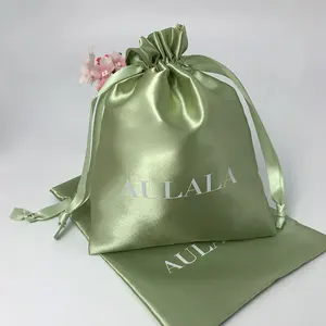 Custom Printed Light Green Hair Collection Drawstring Bag Satin Pouch