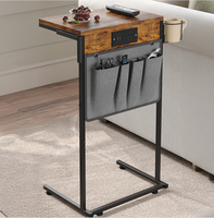 Table basse en forme de C avec station de charge, hauteur réglable, sac de rangement en métal pour salon, chambre à coucher, brun rustique