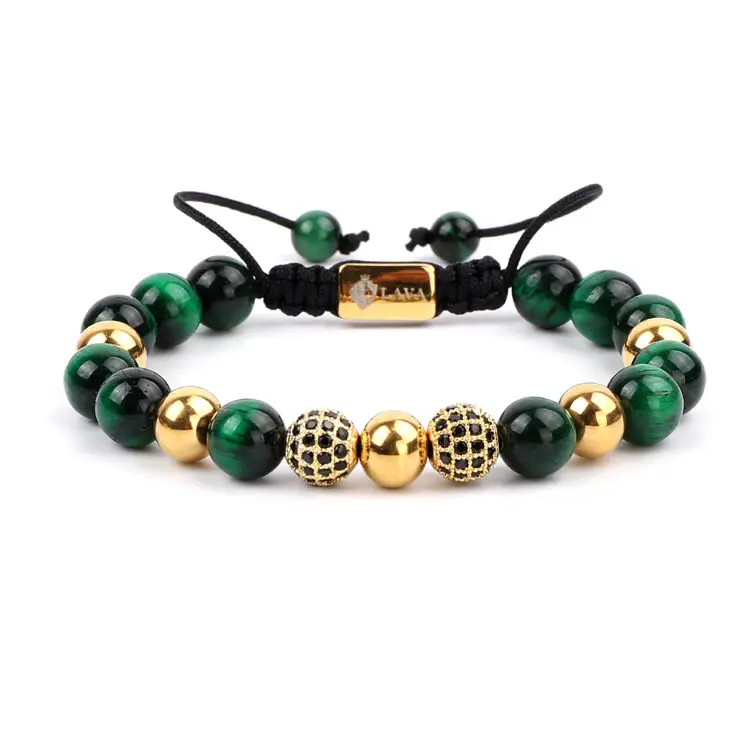 High Quality New Design CZ Pave Ball Natural Gemstone Colorful Tiger Eye Stone Handmade Macrame Adjustable Bracelet Women Men