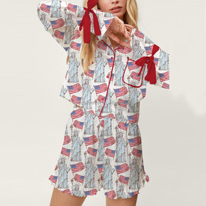 Independence Day <strong>Patriotic</strong> Red Blue Stripe Star Print Long Sleeve Shirt <strong>Shorts</strong> Two Piece Pajama Set Women - Product Image 3
