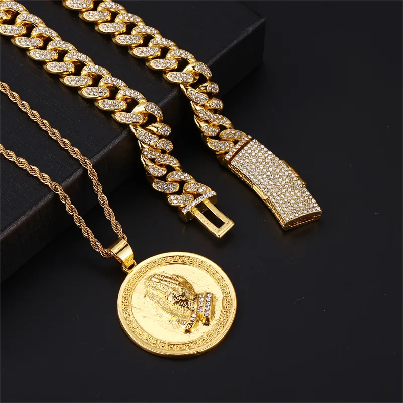 2024 Hot selling Hip Hop Necklace Cuban Chain Alloy Diamond Round Card Prayer Hand Pendant Necklace