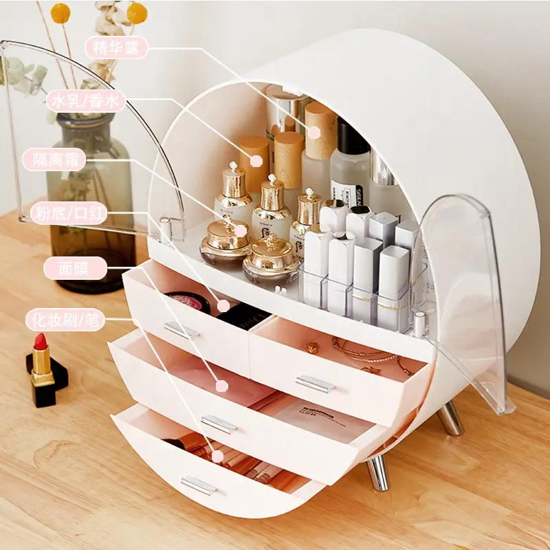 Organisateur de maquillage multifonctionnel étanche avec tiroirs anti-poussière portable grande boîte de rangement pour soins cosmétiques entièrement ouverte