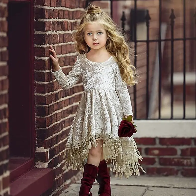 2020 תינוק בנות ארוך שרוול ציצית שמלות קטיפה ילדים Pleuche שמלת ילדי מוצק סתיו בגדי ילדה רקמת שמלה