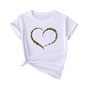 Conjunto de Camisetas para Pareja, Tela de Algodón Blanca con Estampado Gráfico de Corazón de Leopardo, Estilo Casual Ajustado para Mujer en Europa y América - Product Image 4
