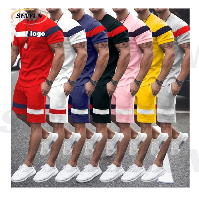 קיץ 2024 גברים 2 חלקים חליפת ספורט ופנאי עם שרוולים קצרים עם פסים ספורט ריצה לוגו מותאם אישית סטים קצרים לגברים