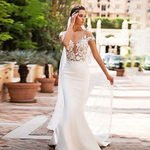 <b>White</b> Mermaid Wedding Dress V-Neck <b>Lace</b> Cut-Out Train Bridal Gown - Product Image 2