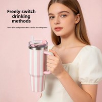 Botol Minum Mobil Stainless Steel 40oz Generasi Kedua dengan Pegangan Bergaris, Anti Jatuh, Desain Portable, Tebal, untuk Wanita