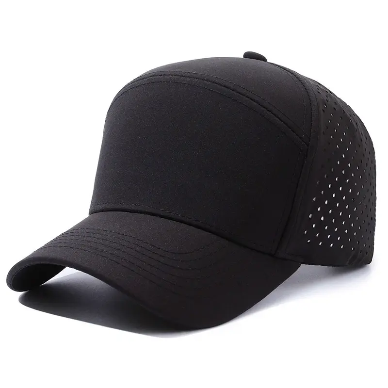 Topi lari cepat kering bordir Logo kustom dengan lubang Laser perforasi untuk Golf dan bisbol, topi Trucker Melin