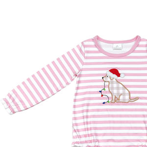 Mono RTS con bordado de cachorro y rayas rosas para niña, Mono de manga larga al por mayor para niña y bebé - Product Image 2