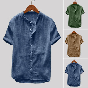 Venta al por mayor de <span class=keywords><strong>manga</strong></span> <span class=keywords><strong>corta</strong></span> de los hombres <span class=keywords><strong>Casual</strong></span> Camisa de lino y algodón soporte Anti-Shrink Plain Dyed verano transpirable ropa OEM servicio - Product Image 1