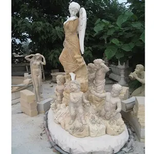 Decoración de jardín al aire libre estatua de piedra fuente de agua Ángel de mármol tallado a mano con fuente para niños