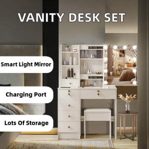 Ensemble de coiffeuse moderne pour chambre à coucher avec tabouret rembourré, station de charge, miroir réglable, éclairage intelligent et table de rangement - Product Image 2