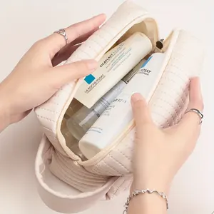 Bolsa de cosméticos com zíper em couro PU, bolsa portátil de mão para maquiagem e viagem colorida, bolsa de armazenamento para mulheres