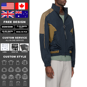 KingSen Wholesale <b>Men's</b> Vintage Color Block Windbreaker <b>Jacket</b> Stand Collar Loose Fit Outerwear with Zipper Drawstring Pocket - Product Image 2