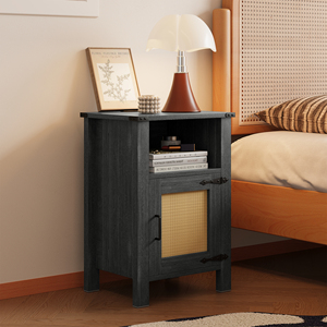 Farmhouse Nightstand with Rattan Decor Door Magnetic Soft Close <b>Side</b> End <b>Table</b> with Open <b>Storage</b> Compartment for Bedroom Living - Product Image 1