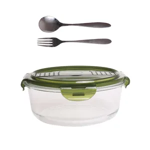 Food container feature glass food storage set high borosilicate glass with 3 compartments bento lunch box with cutlery