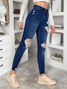 2026 Women's High-<b>Waisted</b> Ripped Skinny <b>Jeans</b>, Distressed <b>Elastic</b> Fitted Denim, Casual Streetwear - Product Image 5