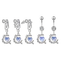 Anneaux de nombril pendantes Papillon Lune Planète en acier inoxydable plaqué argent avec clip CZ, bijoux de nombril pour mariage