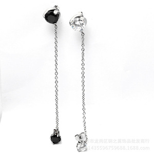 yunnique Drop <b>Earrings</b> Black Round <b>Stud</b> With <b>Chain</b> Titanium Steel Bezel Setting Geometric Design Fashion Jewelry - Product Image 3