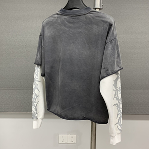 300gsm Cotton Washed <b>Tshirt</b> Custom Screen Print <b>Men</b> Boxy T Shirt Streetwear Vintage Acid Wash Double Layer <b>Long</b> <b>Sleeve</b> T-Shirt - Product Image 2