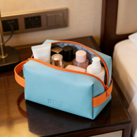 Trousse de Maquillage Élégante en PU Bleu - Pochette Cosmétique de Voyage Imperméable avec Fermeture Éclair Orange, Logo Personnalisé OEM/ODM pour Usage Quotidien et en Voyage