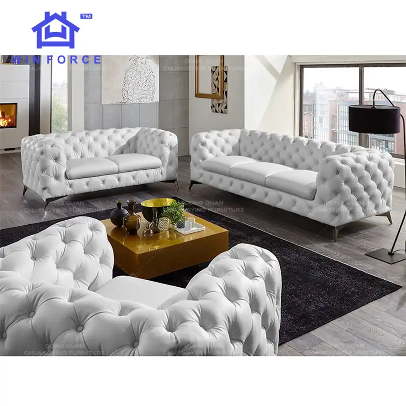 Conjunto de sofás de cuero blanco para sala de estar, moderno, Chesterfield, para Hotel, último diseño