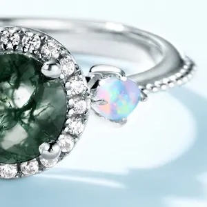 925 Real Silver Gemstone Jewelry Shiny Zircon And Synthetic Opal Ring Round Shape Green Moss Agate Engagement Rings