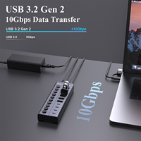 FIDECO Nouveau Lancement Aluminium 10 Ports Type A/C Hub avec Adaptateur Charge 10Gbps avec Commutateur Individuel 10 Port Usb Hub