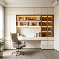Meubles de cuisine contemporains de luxe sur mesure en MDF avec îlot en cascade, quincaillerie dorée, dressing, TV, salle à manger/salon