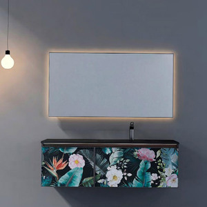 Meubles-lavabos de salle de bain à imprimé floral avec miroir rectangulaire rétroéclairé par LED mural et vasque simple - Product Image 1