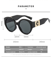 Lunettes de soleil circulaires en plastique au design tendance, grandes montures, branches métalliques, style vintage unisexe, protection UV400, modèle personnalisé 995-1