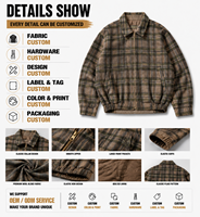 Veste en laine à carreaux vintage pour homme, coupe courte et ample, avec fermeture éclair et revers, style streetwear, personnalisable, vente en gros